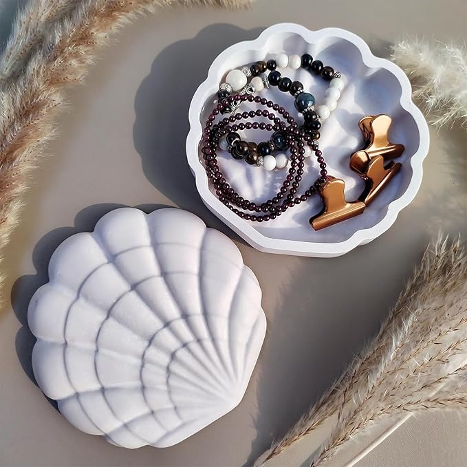 Wehous Seashell Box Resin Molds with Lid, 3D Shell Shape Storage Container Box Silicone Molds for Epoxy Resin Concrete, Marine Jewelry Holder Trinket Organizer Tray Mold DIY Art Casting Craft Decor