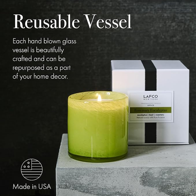 LAFCO New York Signature Candle, Rosemary Eucalyptus - 15.5 oz - 90-Hour Burn Time - Reusable, Hand Blown Glass Vessel - Made in The USA