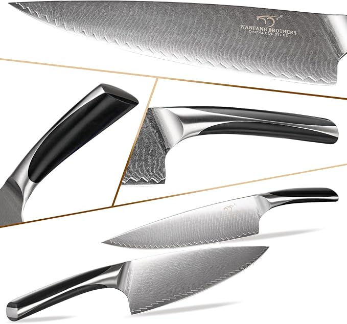 NANFANG BROTHERS Damascus Kitchen Knife Set, 15-Piece with Block, ABS Ergonomic Handle, Carving Fork, Disconnect-type Knife Block (Black)