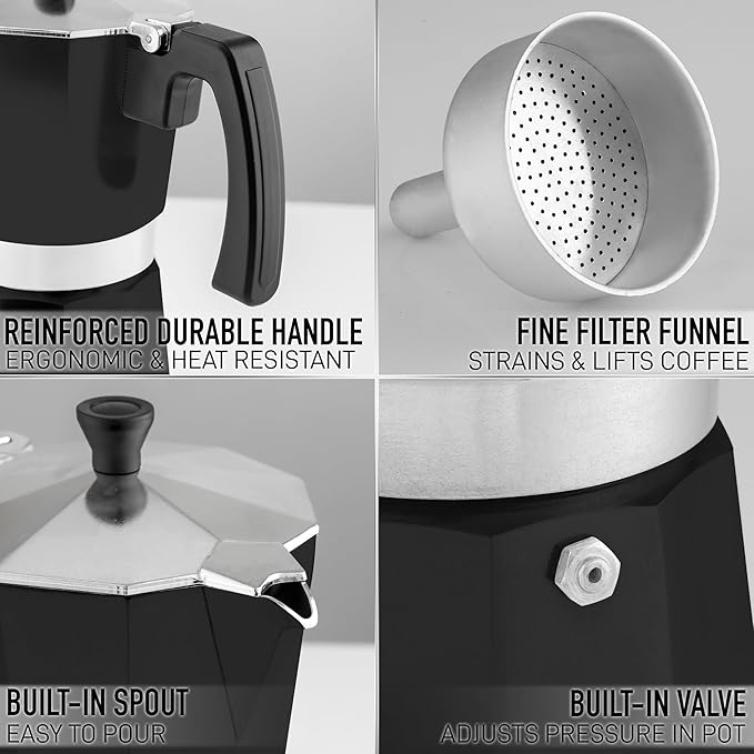 Zulay Moka Pot Espresso Stovetop Coffee Maker - Leak-Proof, Stainless Steel, Easy to Clean, Heat Resistant Handle & Knob - for Authentic Cuban & Italian Style Espresso - Makes 9 Espresso Cups - Black