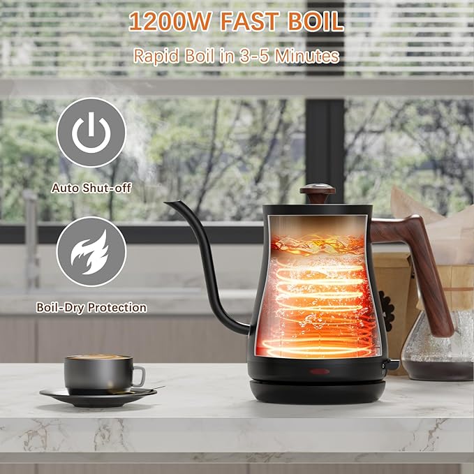 Gooseneck Electric Kettle with Thermometer, 0.8L Small Electric Tea Kettle, 1200W Fast Heat, Precision Pour for Coffee & Tea, Auto Shut Off & Dry Boil Protection, Stainless Steel