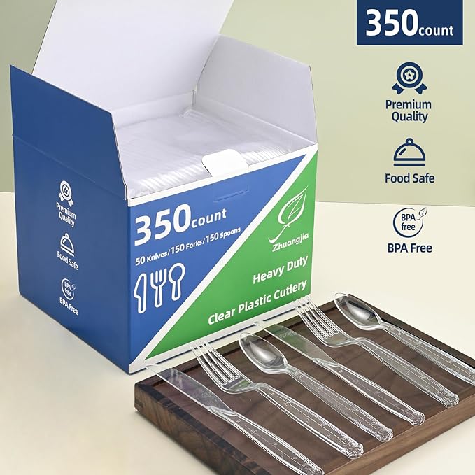 350pc Heavy Duty Plastic Silverware Set: 150 Forks/150 Spoons/50 Knives | Commercial Plastic Forks Spoons Knives BPA-Free & Temp-Resistant | Bulk Disposable for Party Catering Events