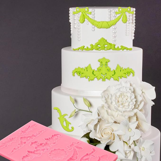 Baroque Decorative Silicone Fondant Mold, Vintage Floral Scroll Pattern, Pink