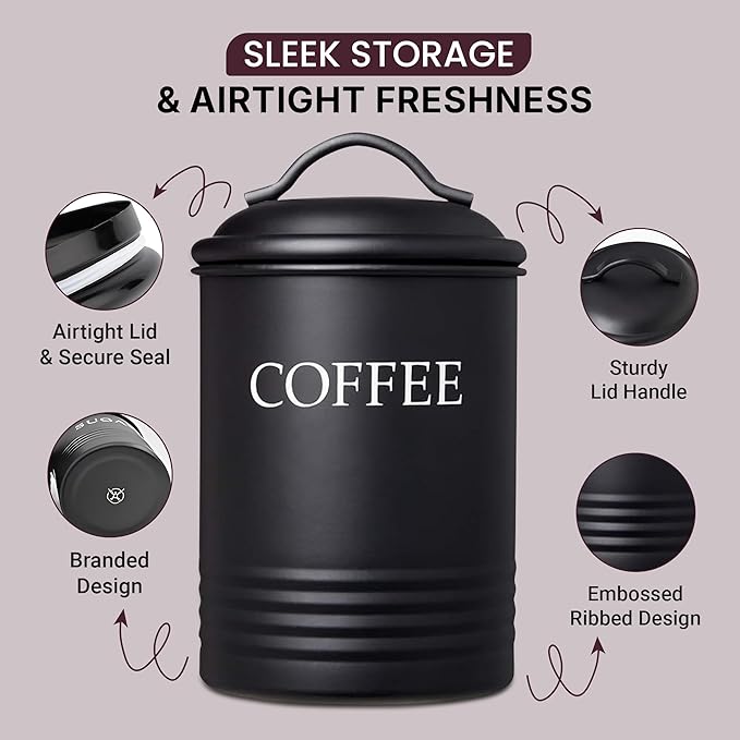 Kitchen Canister Set of 3 Sugar Coffee Tea with lids Food Storage, Black