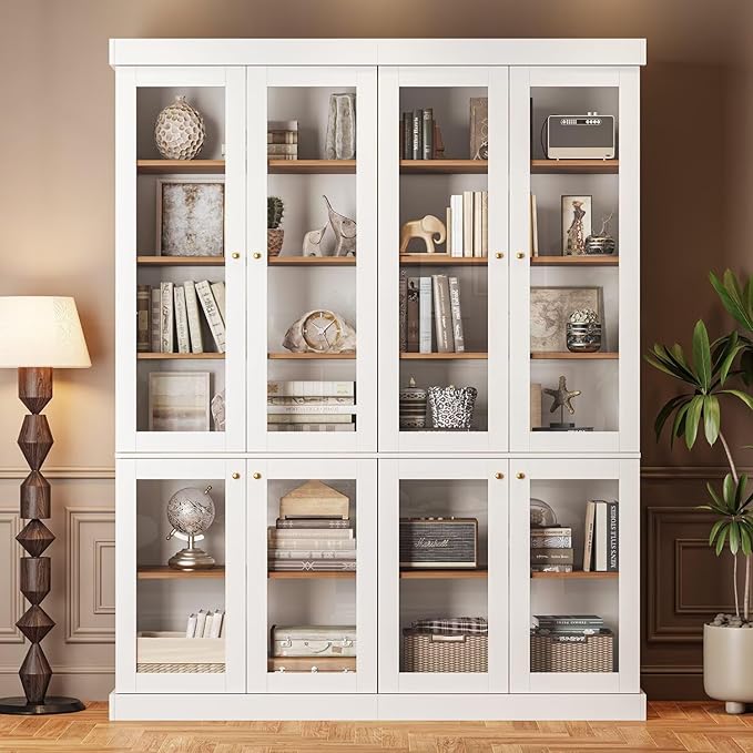 70.8" Bookshelf with Glass Doors, Farmhouse Modular Bookcase with 6-Tier Adjustable Shelves, Large Storage Cabinet for Living Room & Home Office, White
