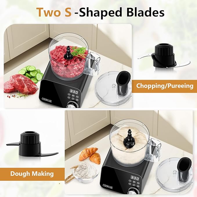 COOKLEE Food Processor, 600 Watts, 6 Functions Electric Vegetable Chopper for Chopping, Mincing, Dicing, Shredding, Slicing, Purees & Dough with 12cup Processor Bowl, Food Chute & Pusher, Black