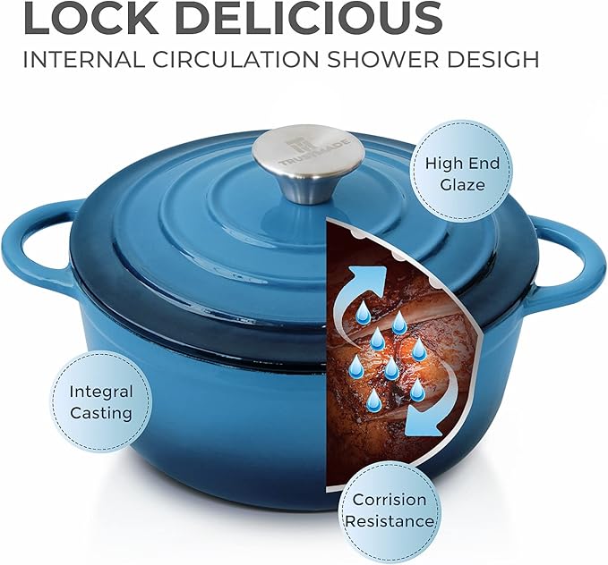 Trustmade 4.5 QT Cast Iron Dutch Oven, Enamel Coated Cookware Pot with Self Basting Lid for Home Baking, Braiser, Cooking, Blue