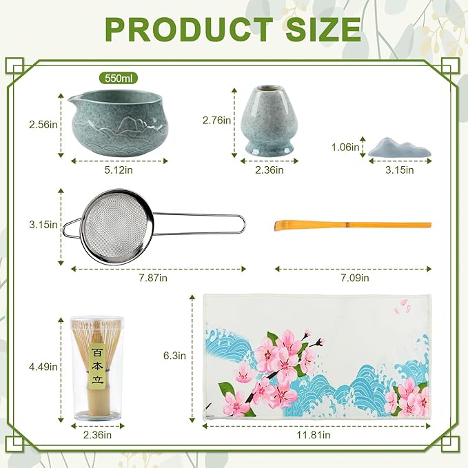7-Piece Matcha Set–Traditional Japanese Tea Kit with Matcha Bowl, Bamboo Whisk, Ceramic Holder, Scoop, and Sifter–Perfect for Tea Ceremonies&Matcha Lovers (Mountain Relief-Mottled Green)
