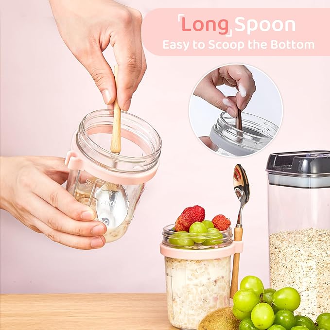 16oz - 2 Pack Overnight Oats Jars with Lids and Spoon, Overnight Oats Container with Lids, Airtigh Oatmeal Containers with Measurement Marks, Wide Mouth Mason Jars for Salad, Cereal - Pink & White