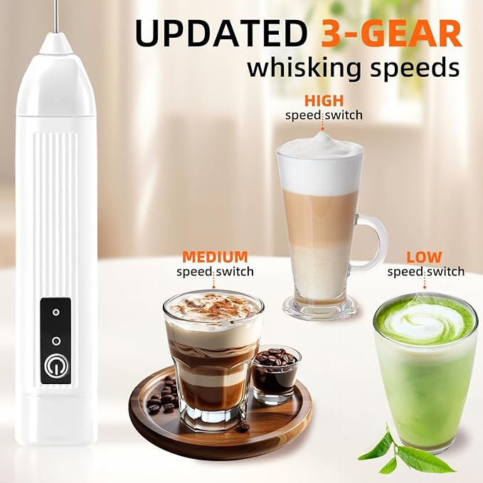 Rechargeable Milk Frother Handheld, 3 Speeds Electric Coffee Mixer Wand with Stainless Steel Whisk for Hot Chocolate, Eggs, Latte, Cappuccino (White)