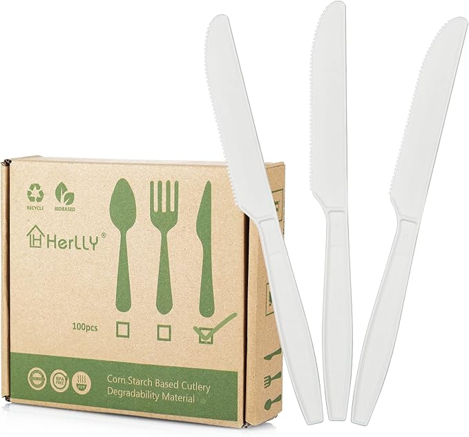 Compostable Knife,100 Biodegradable Silverware for Party, Large Disposable Utensils Eco Friendly Durable and Heat Resistant,Alternative to Plastic Knife