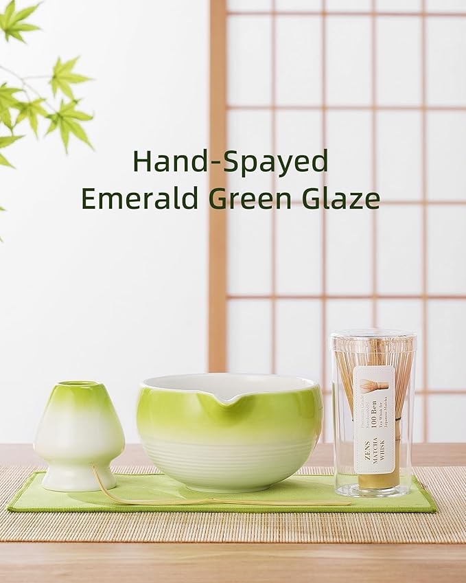 ZENS Matcha Whisk Set, 5pcs Matcah Kit Includes Ceramic Bowl with Spout, Handcrafted Bamboo Whisk, (Chasen) Holder, Scoop & Tea Mat, Matcha Set Gift for Tea Ceremony, Green
