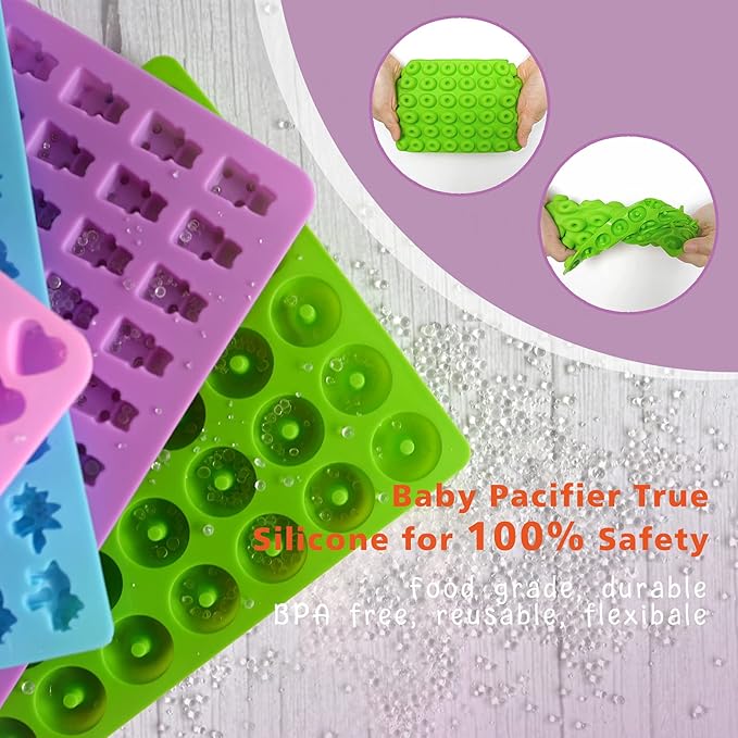 HKNMTT Gummy Bear Molds Silicone with Storage Box, Non-stick Chocolate candy Gummy Mold for Kid with 2 Droppers and Clean Brush Including Mini Dinosaur, Bear, Hearts and Mini Donut Shape 201 Cavities