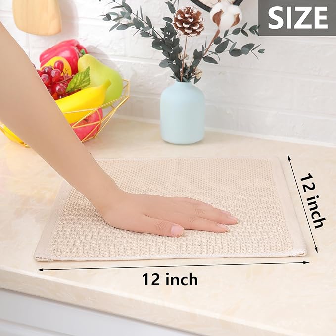 Homaxy 100% Cotton Waffle Weave Kitchen Dish Cloths, Ultra Soft Absorbent Quick Drying Dish Towels, 12 x 12 Inches, 8-Pack, Beige