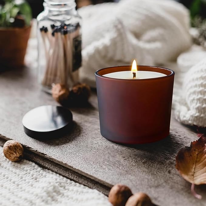 SHOWIN 12 OZ Thick Candle Jars for Making Candles 12 Pcs, Empty Amber Jars with Wood Lids for Spice Jars, Sample Container, Frosted Brown