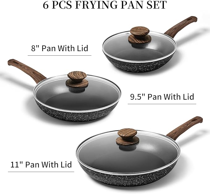 Innerwell Frying Pan Set With Lids - Non Stick Frying Pans Set 3 Pcs, Nonstick Skillet Pans Set Egg Omelette Pan W/Lid, PFOA Free, Induction Non Toxic Cooking Black Pan Set