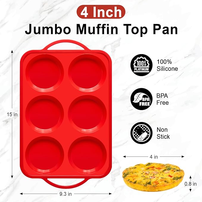 2 Pack 4 Inch Silicone Egg Molds for Breakfast Sandwiches with Metal Frames, Jumbo Size Muffin Top Pans, Silicone Egg Bite Baking Trays, BPA Free & Non-Stick