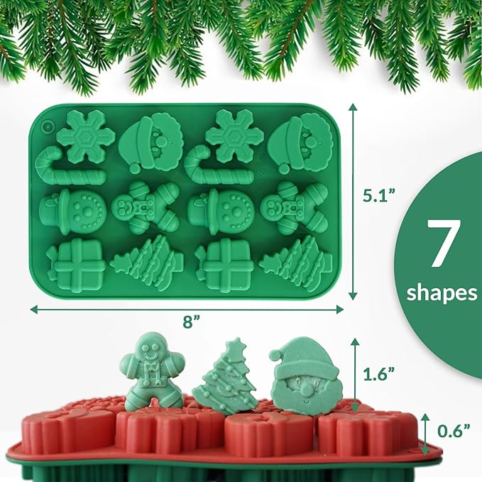HKNMTT Christmas Silicone Chocolate Molds, 4 PCS Candy Baking Moulds, 3D Snowflake Cane Snowman Xmas Tree Gingerbread Man Santa Claus Gift Box Shape Mold for DIY Handmade Soap Candles Jello