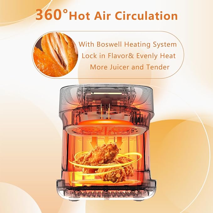 BOSWELL Glass Air Fryer, 7.5 QT with Transparent Fry Bowl, Circulating Heating, Temperature Control, Stainless Steel Air Fryer Roast, Dishwasher Safe (Pink)