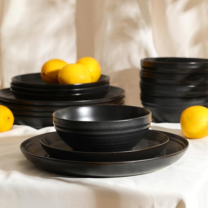 Stone Lain Elio 12-Piece Dinnerware Set Stoneware, Plates and Bowls Set, Dish Set for 4, Black