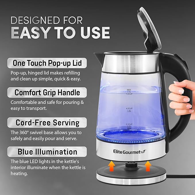 Elite Gourmet EKT602X Glass Electric Tea Kettle Hot Water Heater Boiler BPA-Free with Blue LED Interior, Fast Boil and Auto Shut-Off, Strix Controller, 1.7L, Stainless Steel