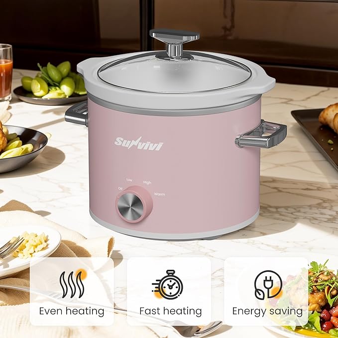 Sunvivi 2 Quart Slow Cooker, Small Slow Cooker with Removable Ceramic Pot, Food Warmer with 3 Heating Settings & Dishwasher Safe Glass Lid, Pink