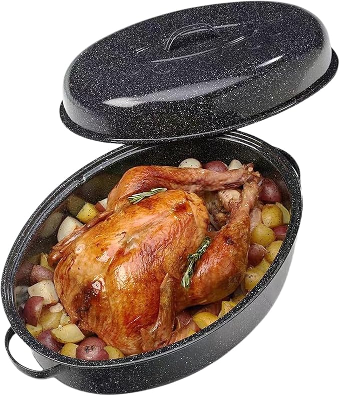 15"Oval Roasting Pan With Lid Small Chicken Roaster With 13.7in Inner Diameter Enamel Steel Roasting Pot Suitable for Outdoors Family Dinnerhigh Temperature Resistance Holiday Gifts