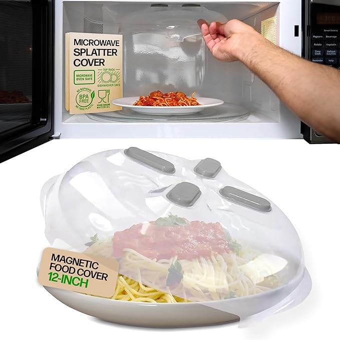 HOVER COVER Magnetic Splatter Cover, 12-Inch Clear BPA-Free Food Lid, Vented Plate Guard with Steam Vents, Anti-Splash Microwave Lid - Heather Gray