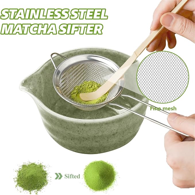 Matcha Whisk Set, 17oz Ceramic Bowl with Spout, Bamboo Matcha Scoop and Stainless Sifter - 5 Pcs Jade Green Matcha Kit, Matcha Kit for Making Breakfast/Latte,Gift for Matcha Lovers