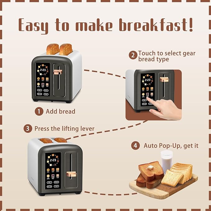 SEEDEEM Toaster 2 Slice with Touch Screen, Faster Heating Speed, 7 Shade Setting, 6 Bread Type, 1.5”Wide Slots Toaster, Removable Crumb Tray, 1350W, Dark Metallic