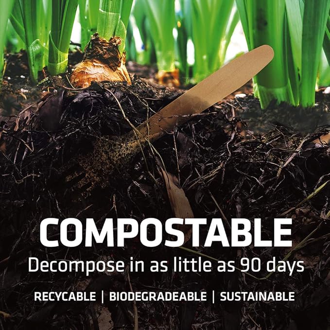 Disposable Wooden Cutlery Set - 100% Home Compostable - 300 Mix (120 Forks, 120 Spoons and 80 Knives) 6.5", Bamboo Utensils Alternative, Eco-Friendly, Organic, Sustainable and Carbon Neutral Certified
