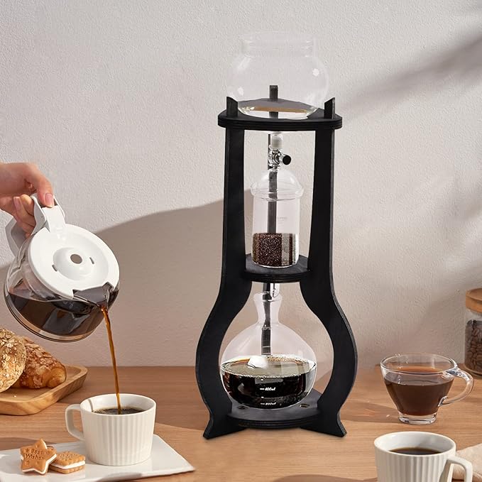 Cold Brew Coffee Maker, 600 ml/20.29 oz Iced Coffee Tower Dripper Coffee Maker & Tea Maker 6-8 Cups, High Borosilicate Glass, Wood, 304 Stainless Steel, Copper - for Home Office (Grey)
