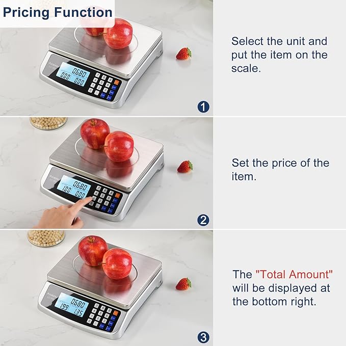 66lb Food Scale, Commercial Kitchen Scale with Price Computing, Plug-in Usable, 0.05oz/1g, 304 Stainless Steel, for Cooking, Vegetables, Farm, Industry, Counting. LC300 Silver