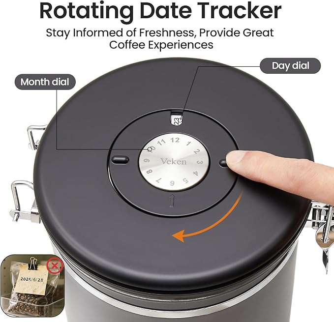 Veken Coffee Canister, Airtight Stainless Steel Kitchen Food Storage Container with Date Tracker and Scoop for Beans, Grounds, Tea, Flour, Cereal, Sugar, 16OZ, Gray