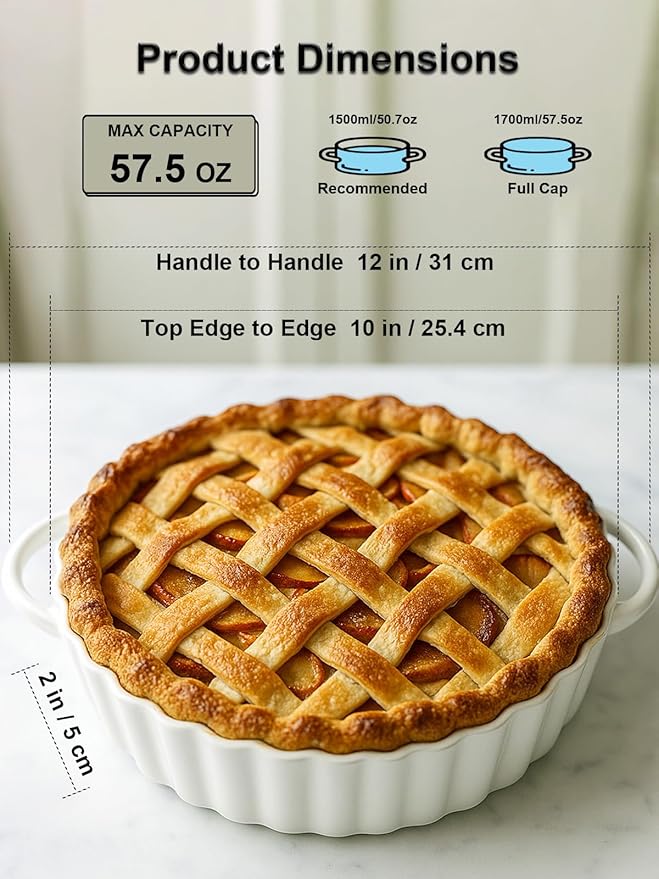 10×2in Deep Ceramic Pie Pan with Handles for Pie Quiche Tart Baking. Easy to grip, Lead-Free. Casserole Lasagna Dish for Thanksgiving Christmas Wedding Gift. Microwave, Dishwasher, Oven Safe