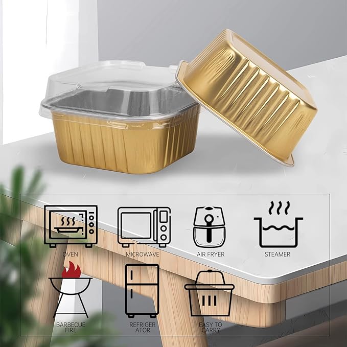 50 Pcs Mini Square Baking Cups with Lids,10oz Aluminum Foil Mini Cake Pans with Lids,Disposable Ramekins Cake Pans,300ml Dessert Cups Cupcake Pans for Wedding Birthday Party,Gold