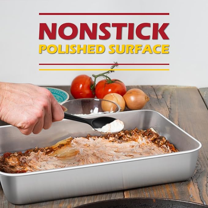 Leonyo Bakeware Cake Pan with Lid, 9.3 x 7 Inch Rectangle Lasagna Pan with Lid, Stainless Steel Baking Trays for Commercial Kitchen, Focaccia Bread, Casserole Dish - 2 Inch Deep, Refrige & Oven Safe