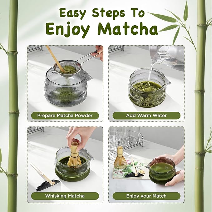OUTXE Matcha Whisk Set, 7 PCS Matcha Kit for Ceremony, with Clear Matcha Bowl, Spout, Bamboo Whisk& Holder, Stainless Steel Sifter, Japanese Ceremonial Gift for Family/Friend/Macha Lover Starter
