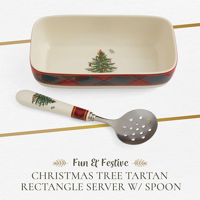 Spode Christmas Tree Tartan Cranberry Sauce Serving Dish with Slotted Spoon (8"x 4.25") - Rectangular Holiday Server with Plaid Border - Dishwasher, Microwave, Freezer Safe Serveware for Entertaining