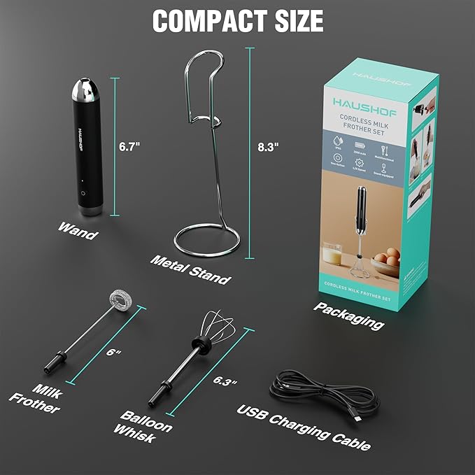 HAUSHOF Powerful Rechargeable Milk Frother Wand with Stand, Handheld Electric Foam Maker, Drink Mixer with 2 Detachable Stainless Steel Whisks 2 Speeds for Coffee Latte, Cappuccino, Matcha, Black