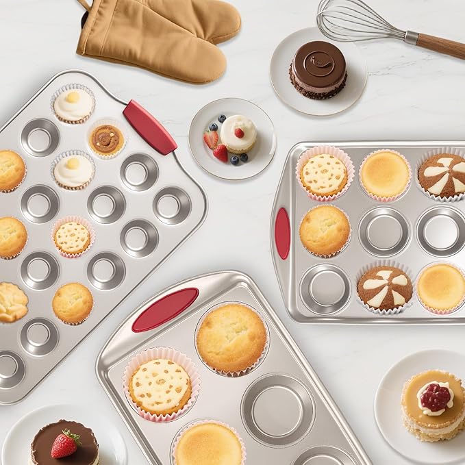 Muffin Pan 6-Cup, 2-Pack Nonstick 6 Tin Cupcake Pan with Silicone Grip Handles, Toaster Oven Baking Supplies Small Cheesecake Cup Cake Tray- Non-toxic & Dishwasher Safe