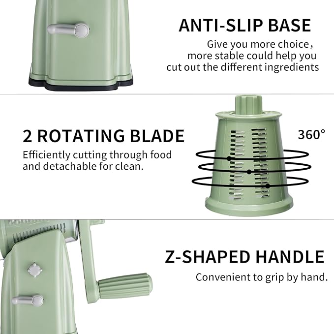 Rotary Cheese Grater Shredder - Upgraded 5 in 1 Cheese Grater with Handle and Strong Suction Base, Multi-purpose Julienne Slicer Ice Shaver Nuts Grinder for Ice, Vegetables, Fruit, Nuts