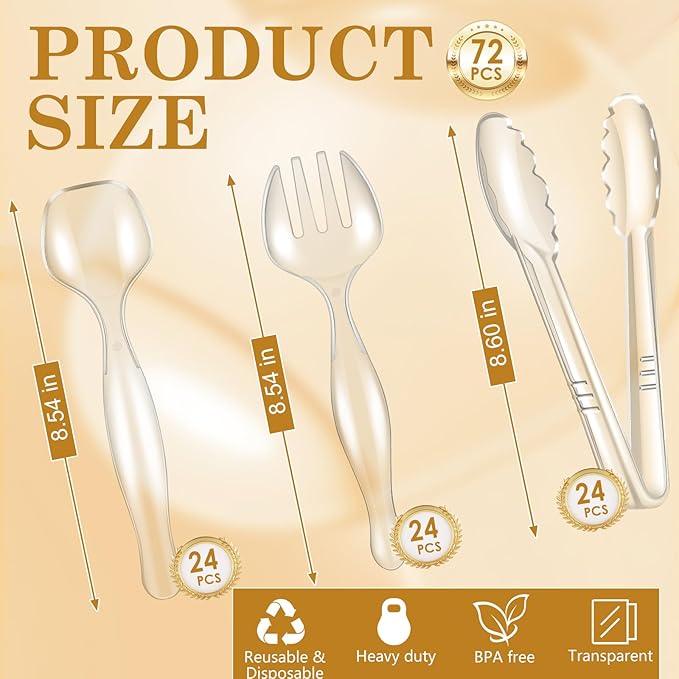 72Pcs Serving Utensils 9'' Large Plastic Serving Utensils Set Serving Spoons for Buffet Clear Disposable Plastic Tongs Heavy Duty Slotted Spoons/Forks Supplies for Party Food Salad Noodles Soup