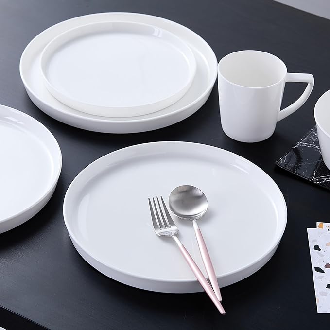 Stone Lain Madeline Bone China 16 Piece Dinnerware, Plates and Bowls Sets for 4, White Dish Collection with Mugs, Modern Edge, Microwave & Dishwasher Safe