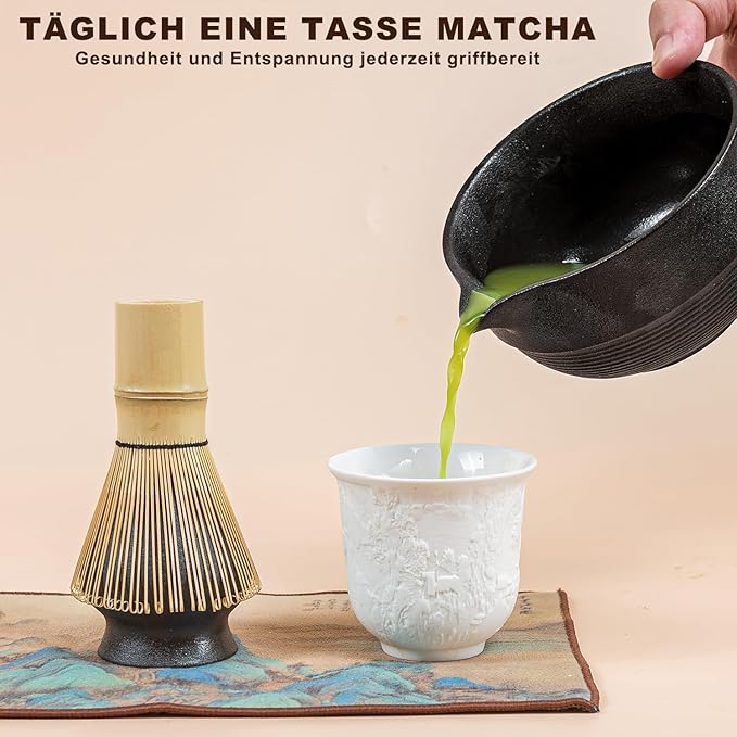 Matcha Set 7-Piece Tea Set with Brush, Bowl, Whisk, Strainer, Chasen, for Matcha Tea Ceremony (Black)