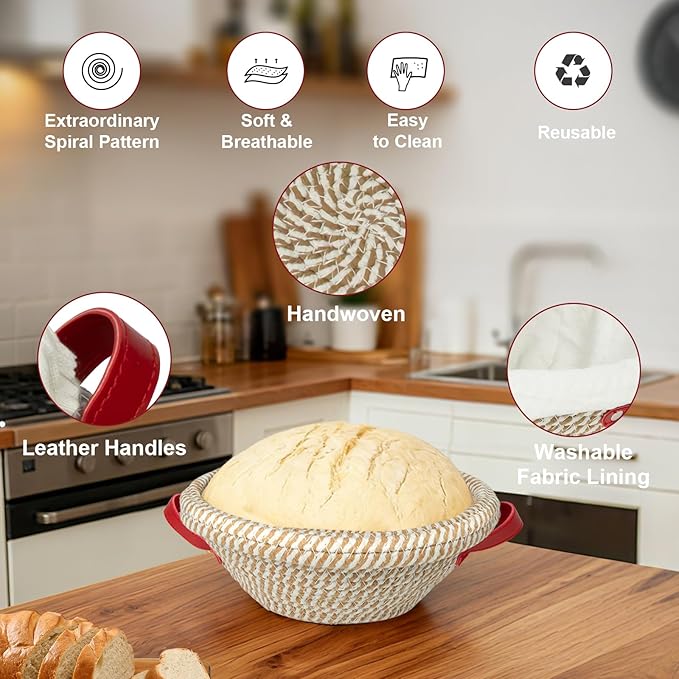 Banneton Bread Proofing Basket Set, 2 Pack Cotton Rope Sourdough Baskets with Liners, Cloth Covers & Silicone Baking Mat, Sourdough banneton basket for Sourdough Baking Supplies