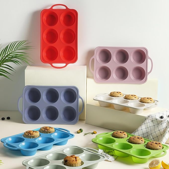 2 Packs 6 Cups Silicone Muffin Pan with Metal Reinforced Frame Jumbo Size Cupcake Pan Tray Egg Bites Cookie Molds Muffin Tin Tart Pans Moldes De Silicona Para Gelatina Hornear Flan Chocoflan