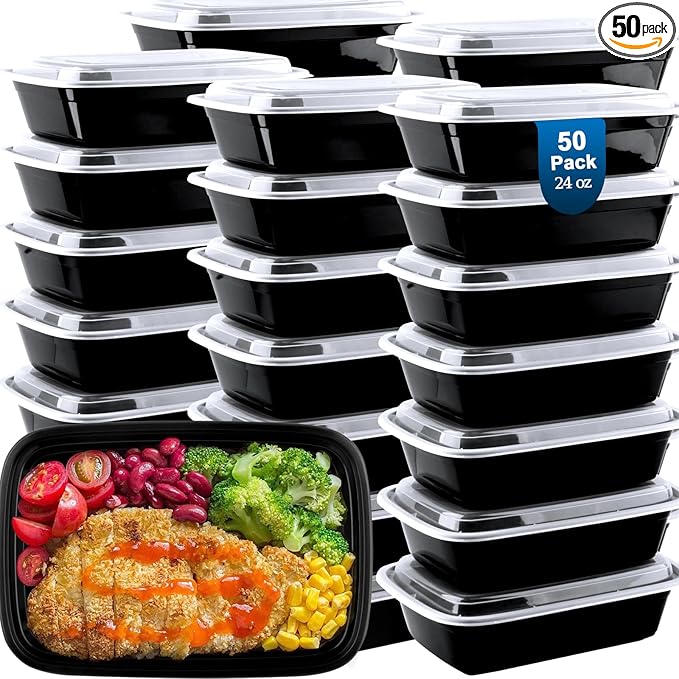 50 Pack (100-Piece) Meal Prep Containers 24 oz, Leakproof Plastic Food Storage Containers with Lids, Disposable To Go Food Containers, BPA-Free, Stackable, Microwave, Dishwasher & Freezer Safe