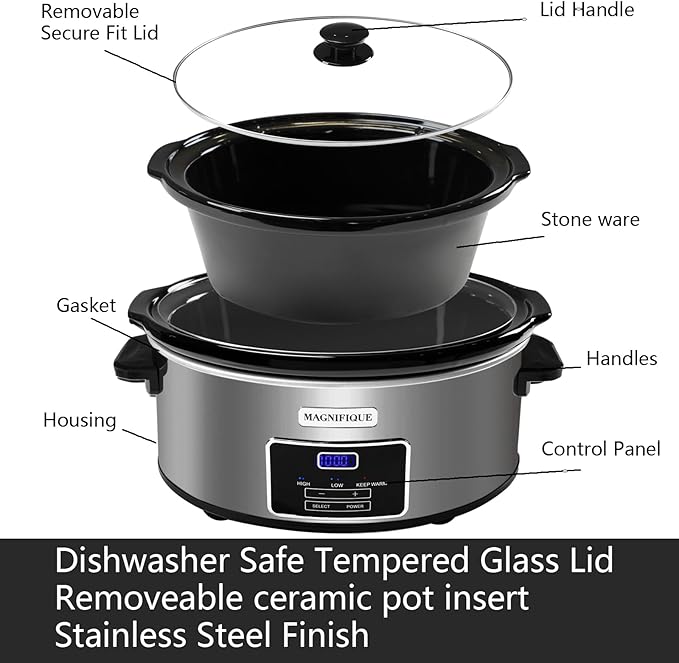 Magnifique 8-Quart Digital Programmable Slow Cooker with Timer - Small Kitchen Appliance for Family Dinners - Serves 10+ People - Heat Settings: Keep Warm,