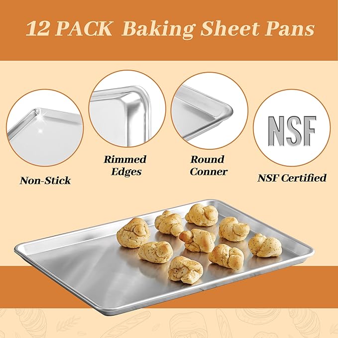 12 Pack Half Size Baking Sheet Pans, Aluminum Commercial Cookie Sheets Non-Stick, 18"x13"